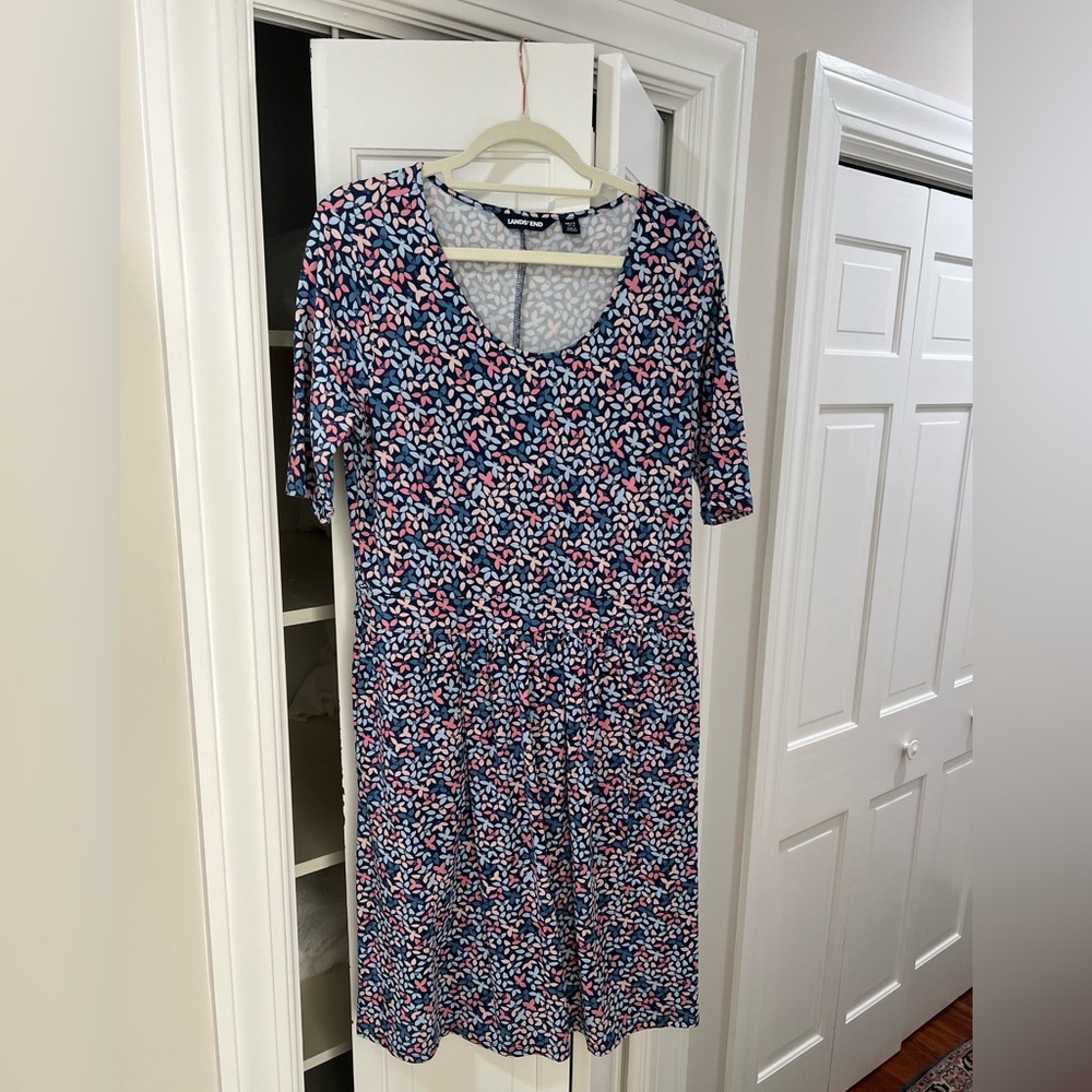 Lands' End Women's Blue and Pink Patterned T-Shirt Dress with Pockets
